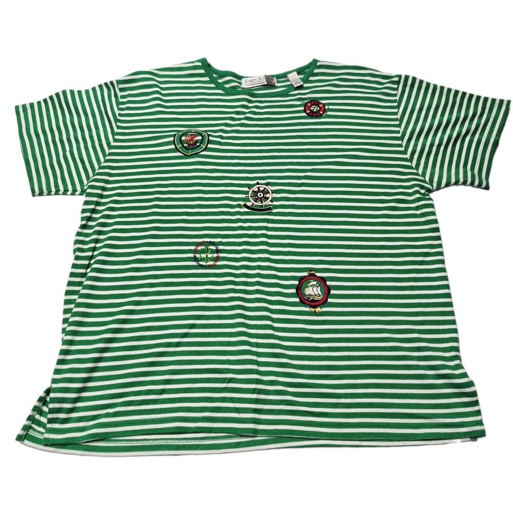 Vtg 90s Karen Scott Nautical Embroidered Striped Shirt Womens 2X Green EUC